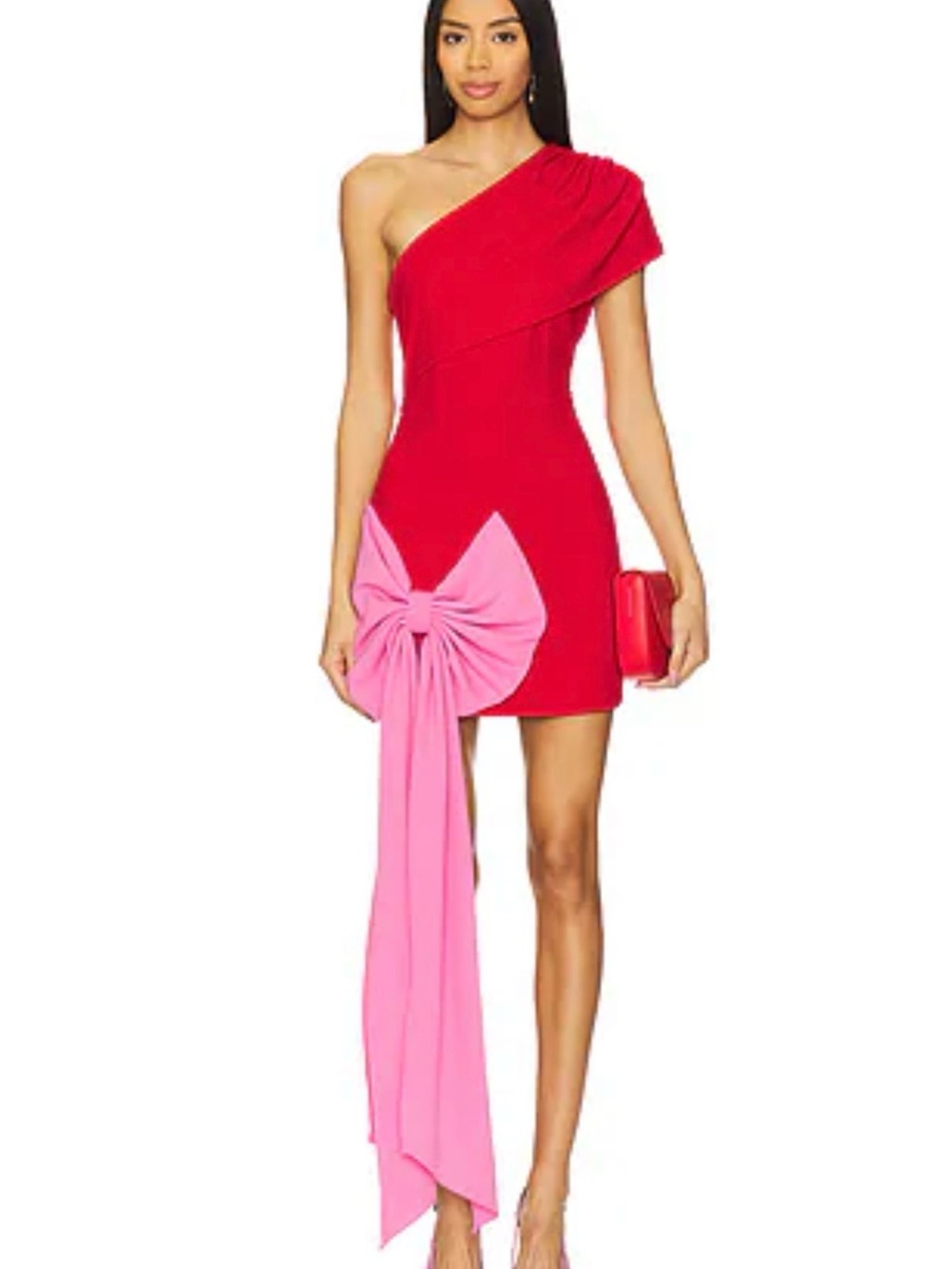Elliatt One-Shoulder Red Mini Dress with Pink Bow